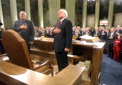 Vice President Dick Cheney and Speaker of the House Dennis Hastert, left, and other members of Congress recite the Pledge of Allegence during a Commemorative Joint Session of Congress in New York, NY Friday, Sept. 6. White House photo by David Bohrer.