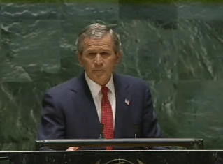 President Bush delivers remarks to the United Nations General Assembly. September 12, 2002. Video screen capture by Monty Haymes.