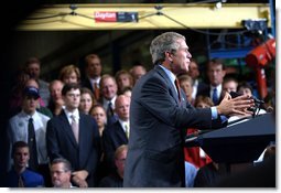 President George W. Bush delivers remarks on the budget at the Sears Manufacturing Company in Davenport , Iowa on Monday, September 16, 2002. White House photo by Tina Hager.