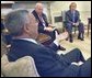 Secretary Colin Powell briefs President George W. Bush and Vice President Dick Cheney in the Oval Office, Thursday, Sept 19, on the progress of working with the United Nations, to convince the United Nations Security Council to deal with a threat to world peace.  