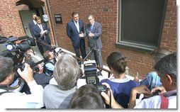 President George W. Bush and Gov.Tom Ridge, Homeland Security Advisor, meet with the press Thursday, Sept. 19, 2002, after visiting the Nebraska Avenue Homeland Security Complex. White House photo by Eric Draper.