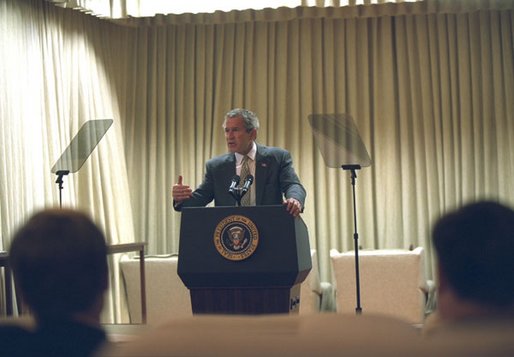 President George W. Bush prepares for his Monday night speech to the nation in the White House Family Theater this morning, Monday, October 7, 2002. White House photo by Paul Morse.