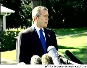 President Bush spoke with reporters Monday on the recent attack in Bali. President Bush said, "The murder which took place in Bali reminds us that this war against terror continues." White House screen capture.