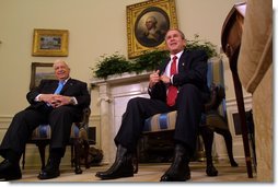 President George W. Bush meets with the Prime Minister Ariel Sharon of Israel at the White House, Wednesday, Oct. 16. "We talked about the framework for peace, the idea of working toward peace, the idea of two states living side-by-side in peace as a part of our vision," said President Bush during their joint Oval Office press conference. White House photo by Paul Morse.