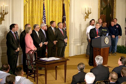President George W. Bush speaks during the signing of the Terrorism Risk Insurance Act in the East Room, Tuesday, Nov. 26. "The Terrorism Risk Insurance Act will provide coverage for catastrophic losses from potential terrorist attacks. Should terrorists strike America again, we have a system in place to address financial losses and get our economy back on its feet as quickly as possible," said the President. White House photo by Paul Morse