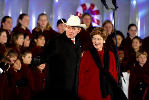 President George W. Bush and Laura Bush attend the Pageant of Peace Tree Lighting on the Ellipse near the White House Thursday, Dec. 5. White House photo by Paul Morse