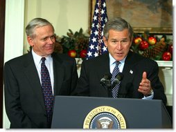 President George W. Bush announces William Donaldson as his nominee for Chairman of the Securities and Exchange Commission Tuesday, December 10, 2002 in the Roosevelt Room of the White House.  White House photo by Paul Morse