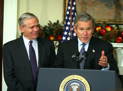 President George W. Bush announces William Donaldson as his nominee for Chairman of the Securities and Exchange Commission Tuesday, December 10, 2002 in the Roosevelt Room of the White House. White House photo by Paul Morse