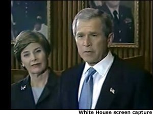 President George W. Bush and Laura Bush met with wounded soldiers Friday at the Walter Reed Army Medical Center in Washington, DC. White House screen capture.