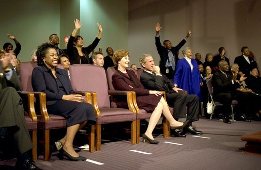 Celebrating the national observance of Dr. Martin Luther King, Jr.'s birthday, President George W. Bush and Laura Bush attend services at the First Baptist Church of Glenarden in Landover, Md., Monday, Jan. 20. 2003. White House photo by Susan Sterner