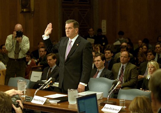 Governor Tom Ridge is sworn in during senate confirmation hearings as Secretary of the Department of Homeland Security at the U.S. Capitol Jan. 17, 2003. The Senate unanimously confirmed Governor Ridge as the first Secretary of DHS Jan. 22, 2003. White House photo by Tina Hager