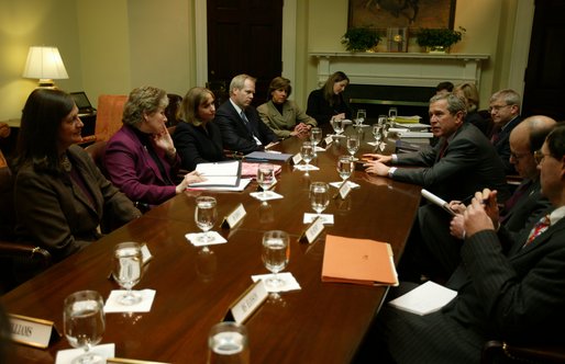 President George W. Bush meets with members of the U.S.-Afghan Women’s Council delegation in the Roosevelt Room Thursday, January 23, 2003. Present were, from left, Diana Rowan, co-founder and special advisor of The Afghan Women’s Leaders Fund; Karen Hughes, advisor to the President; Paula Dobriansky, Under Secretary for Global Affairs at the U. S. State Department; Timothy McBride, vice president of the Washington office of Daimler Chrysler Corporation; Patricia Sellers, Fortune magazine; and Kate Friedrich, special assistant to Paul Dobriansky. To the President’s right is Josh Bolten, White House Deputy Chief of Staff and to the president’s left is Press Secretary Ari Fleischer. White House photo by Paul Morse.