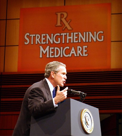 President George W. Bush addresses the audience at Devos Performance Hall in Grand Rapids, Mich., Wednesday, Jan. 29, 2003. "I urged the Congress last night to put aside all the politics and to make sure the Medicare system fulfills its promise to our seniors," President Bush said. "I believe that seniors, if they're happy with the current Medicare system, should stay on the current Medicare system. That makes sense. If you like the way things are, you shouldn't change. However, Medicare must be more flexible. Medicare must include prescription drugs." White House photo by Tina Hager