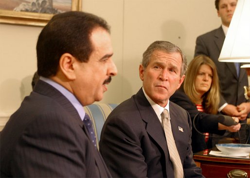 President George W. Bush and King of Bahrain Hamad bin Isa Al Khalifa address the media in the Oval Office Monday, Feb. 3, 2003. White House photo by Paul Morse