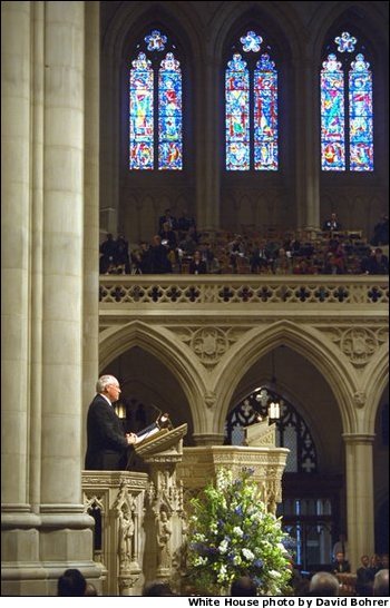 Vice President Dick Cheney speaks during a memorial service at the National Cathedral in Washington, D.C., Thursday, Feb. 6, 2003 for the seven astronauts who died in the Feb. 1 Space Shuttle Columbia tragedy. "The crew of the Columbia was united not by faith or heritage, but by the calling they answered and shared," the Vice President said. "They were bound together in the great cause of discovery. They were envoys to the unknown. They advanced human understanding by showing human courage." White House photo by David Bohrer