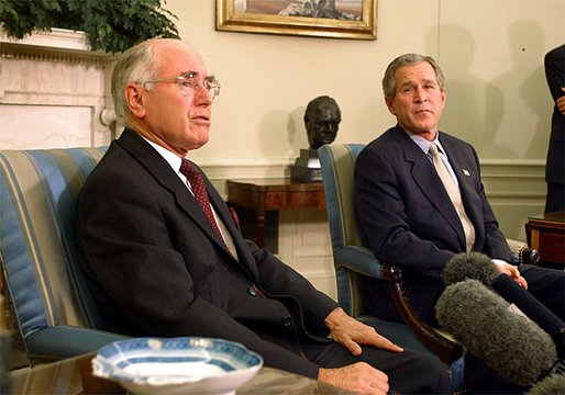 President George W. Bush and Australian Prime Minister John Howard hold a joint press conference in the Oval Office Monday, Feb. 10, 2003. The two leaders discussed disarmament in Iraq. White House photo by Paul Morse.