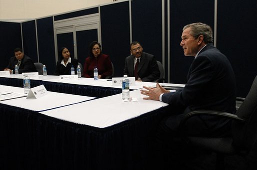 President George W. Bush meets with small business owners and employees before speaking on jobs and economic growth at Harrison High School in Kennesaw, Ga., Thursday, Feb. 20, 2003. White House photo by Eric Draper
