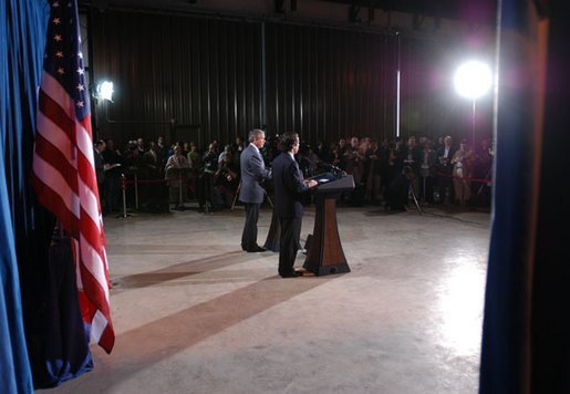President George W. Bush and President Jose Maria Aznar of Spain begin a joint press conference at the Bush Ranch in Crawford, Texas, Saturday, Feb. 21, 2003. White House photo by Eric Draper.
