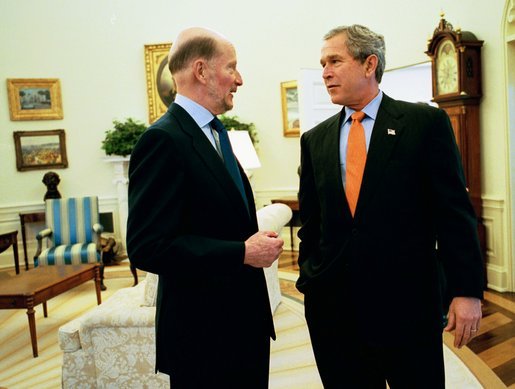President George W. Bush welcomes Simeon Saxe-Coburg Gotha, Prime Minister of the Republic of Bulgaria, to the Oval Office Tuesday, Feb. 25, 2003. White House photo by Eric Draper.