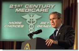 President George W. Bush talks about the importance of Medicare and medical liability reform during the American Medical Association's National Conference in Washington, D.C., Tuesday, March 4, 2003.  White House photo by Paul Morse