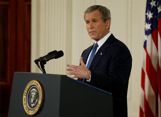 President George W. Bush discusses Iraq and terrorism with the media during a press conference in the East Room Thursday evening, March 6, 2003. White House photo by Lynden Steele.