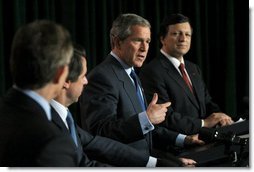 President George W. Bush speaks during a news conference with, from left, Prime Minister of Great Britain Tony Blair, President of Spain Jose Maria Aznar and Prime Minister of Portugal Jose Manuel Durao Barroso in The Azores, Portugal, Sunday, March 16, 2003.   White House photo by Eric Draper