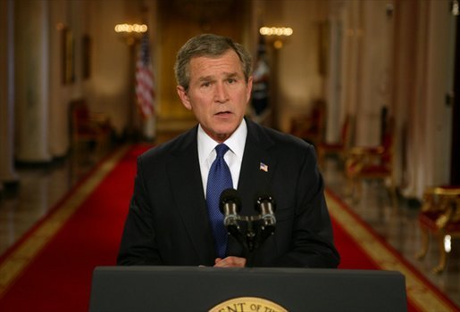 President George W. Bush addresses the nation from the Cross Hall at the White House Monday evening, March 17, 2003. White House photo by Paul Morse