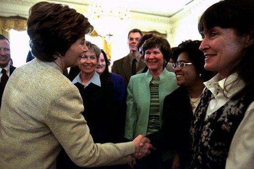 Mrs. Bush greets a group of math and science teachers from around the country as they visit the White House March 19, 2003. White House photo by Susan Sterner.