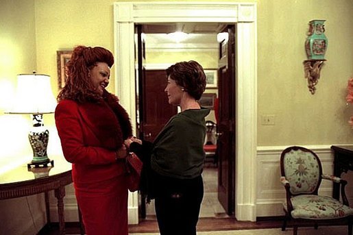 Laura Bush welcomes Chantal Biya, First Lady of Cameroon, to the White House, March 21, 2003. White House photo by Susan Sterner.