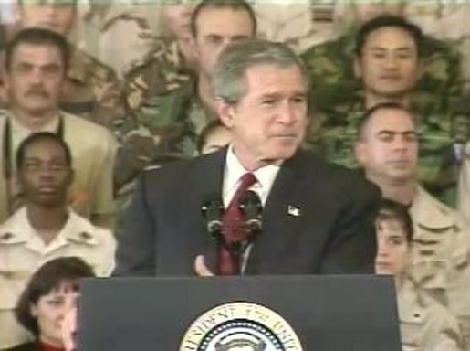 President Bush addressed the troops today at CentCom at MacDill Air Force Base. White House screen capture