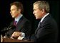 President George W. Bush and British Prime Minister Tony Blair conduct a joint news conference at Camp David concerning the war in Iraq Thursday, March 27, 2003. White House photo by Paul Morse