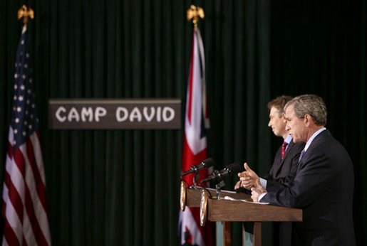 President George W. Bush and British Prime Minister Tony Blair hold a news conference following their overnight summit at Camp David, Thursday, March 27, 2003. "We appreciate the bravery, the professionalism of the British troops, and all coalition troops. Together we have lost people, and the American people offer their prayers to the loved ones of the British fallen, just as we offer our prayers to the loved ones of our own troops who have fallen," President Bush said. White House photo by Paul Morse