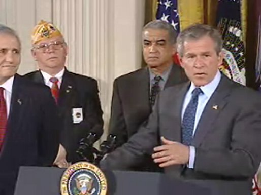 President Bush welcomed veterans to the White House Friday. Video screen capture by Monty Haymes.