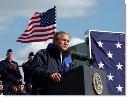 President George W. Bush addresses members of the United States Coast Guard in Philadelphia Monday, March 31, 2003. "Now, as part of the Department of Homeland Security, you have taken on a new and vital mission, a mission as important as any in your 213-year history: the mission of defending our country against terrorist attack," President Bush said.  White House photo by Tina Hager