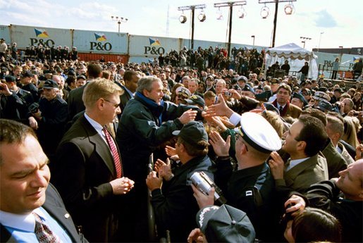 President George W. Bush greets U. S. Coast Guard personnel during his visit to the port in Philadelphia Monday, March 31, 2003. White House photo by Tina Hager.