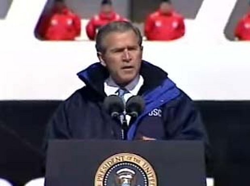 President Bush visited the Port of Philadelphia to meet with front-line Coast Guard personnel and discuss the vital role that they are playing in Operation Liberty Shield, Operation Iraqi Freedom and the War on Terrorism. White House screen capture