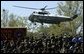 Traveling aboard Marine One, President George W. Bush and Laura Bush arrive at Camp Lejeune in Jacksonville, N.C., Thursday, April 3, 2003. White House photo by Paul Morse