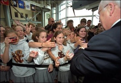 Vice President Dick Cheney shakes hands with students in New Orleans, La., after touring the National D-Day Museum with his wife Lynne Wednesday, April 9, 2003. White House photo by David Bohrer White House photo by David Bohrer