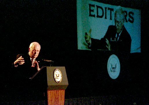 Vice President Dick Cheney discusses the war in Iraq during his address to the American Society of Newspaper Editors in New Orleans, Wednesday, April 9, 2003. "By their skill and courage, the American armed forces joined by the finest of allies are making this nation and the world more secure," Vice President Cheney said. "They are bringing freedom where there is tyranny, relief where there is suffering. As a former Secretary of Defense, I've never been more proud of those who wear the uniform of the United States military." White House photo by David Bohrer.