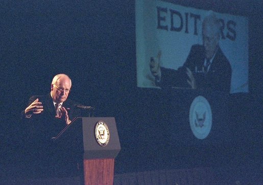 Vice President Dick Cheney talks about the war in Iraq during his address to the American Society of News Editors in New Orleans, La., Wednesday, April 9, 2003. "By their skill and courage, the American armed forces joined by the finest of allies are making this nation and the world more secure," Vice President Cheney said. " They are bringing freedom where there is tyranny, relief where there is suffering. As a former Secretary of Defense, I've never been more proud of those who wear the uniform of the United States military." White House photo by David Bohrer