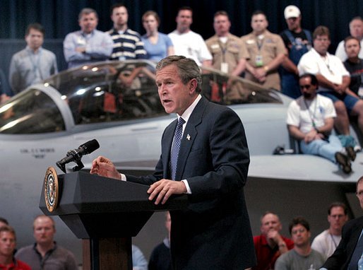 President George W. Bush delivers remarks at the Boeing F-18 Production Facility in St. Louis, Mo., Wednesday, April 16, 2003. White House photo by Eric Draper