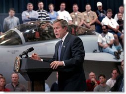 President George W. Bush delivers remarks at the Boeing F-18 Production Facility in St. Louis, Mo., Wednesday, April 16, 2003.  White House photo by Eric Draper