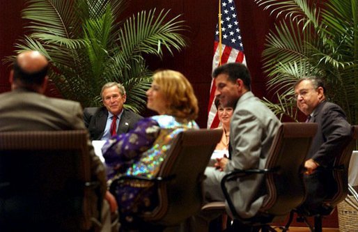 President George W. Bush meets with Iraqi-Americans for a roundtable discussion about the future of Iraq in Dearborn, Mich., Monday, April 28, 2003. White House photo by Tina Hager