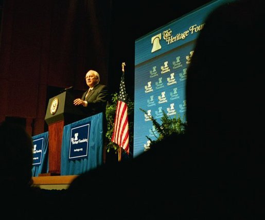 Vice President Dick Cheney addresses the Heritage Foundation at the Ronald Reagan Building and International Trade Center in Washington, D.C., May 1, 2003. "A vital element of our strategy against terror is to break the alliances between terrorist organizations and terrorist states," Vice President Cheney said. "In the case of Iraq, President Bush made it absolutely clear that the United States would not tolerate a growing danger from this dictator and his brutal regime. Today, Saddam Hussein's regime is history." White House photo by David Bohrer
