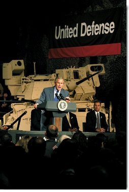 President George W. Bush addresses employees at United Defense Industries in Santa Clara, Calif., Friday, May 2, 2003. The defense company produces vehicles and technology that is being used by soldiers in Iraq, including the Bradley Fighting Vehicle and the Hercules Recovery Vehicle.  White House photo by Susan Sterner