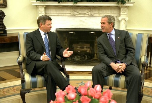 President George W. Bush meets with the Prime Minister Kjell Magne Bondevik of Norway in the Oval Office Friday, May 16, 2003. White House photo by Paul Morse