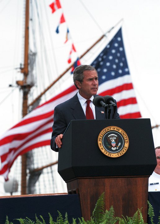 President George W. Bush delivers the United States Coast Guard Academy Commencement Address in New London, Conn., Wednesday, May 21, 2003. "The Coast Guard is also playing a vital role in America's strategy to confront terror before it comes to our shores," said the President. "In the Iraqi theater, Coast Guard cutters and patrol boats and buoy tenders, and over a thousand of your finest active duty and reserve members protected key ports and oil platforms, detained Iraqi prisoners of war, and helped speed the delivery of relief supplies to the Iraqi people." White House photo by Eric Draper