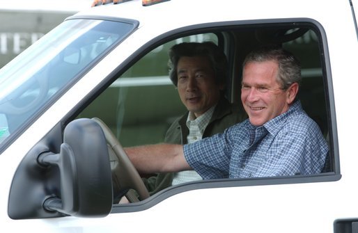 President George W. Bush and Japanese Prime Minister Junichiro Koizumi begin a tour of the President's ranch near Crawford, Texas, after the Prime Minister's arrival Thursday afternoon, May 22, 2003. White House photo by Tina Hager