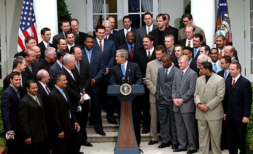 President George W. Bush welcomes the 2002 World Series Champion Anaheim Angels to the Rose Garden Tuesday, May 27, 2003. White House photo by Tina Hager.