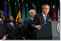 President George W. Bush speaks briefly before signing H.R. 1298, the United States Leadership Against HIV/AIDS, Tuberculosis, and Malaria Act of 2003, at the State Department in Washington, D.C., Tuesday, May 27, 2003. The legislation commits $15 billion to fight AIDS abroad.   White House photo by Tina Hager